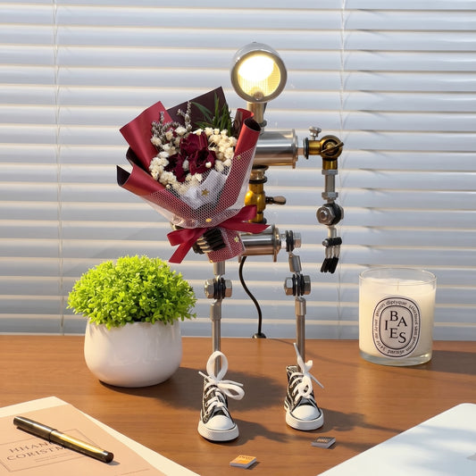 LiveCozee Robot Character Desk Lamp | Cyberpunk Table Light with Fun Industrial Design Single Item + Burgundy Bouquet