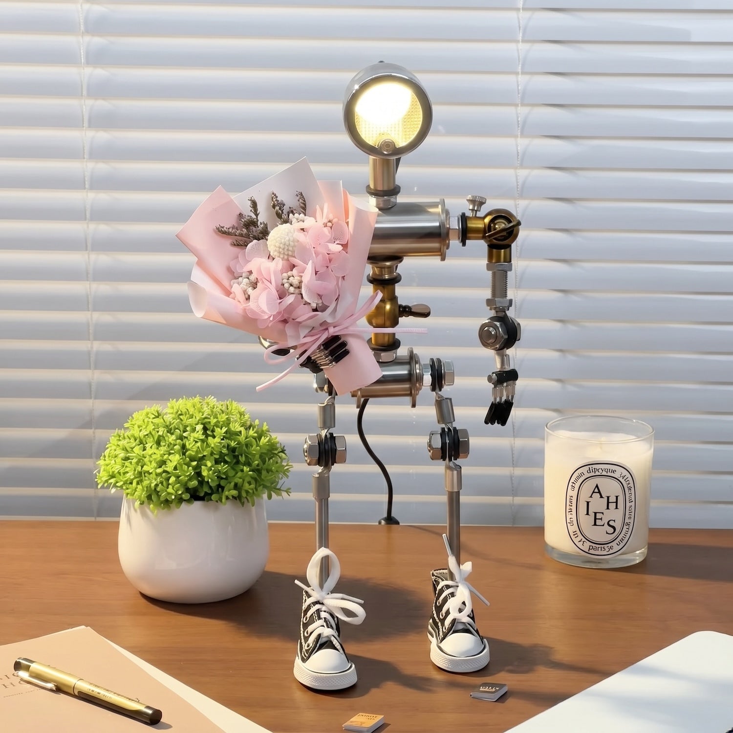 LiveCozee Robot Character Desk Lamp | Cyberpunk Table Light with Fun Industrial Design Single Item + Pink Bouquet