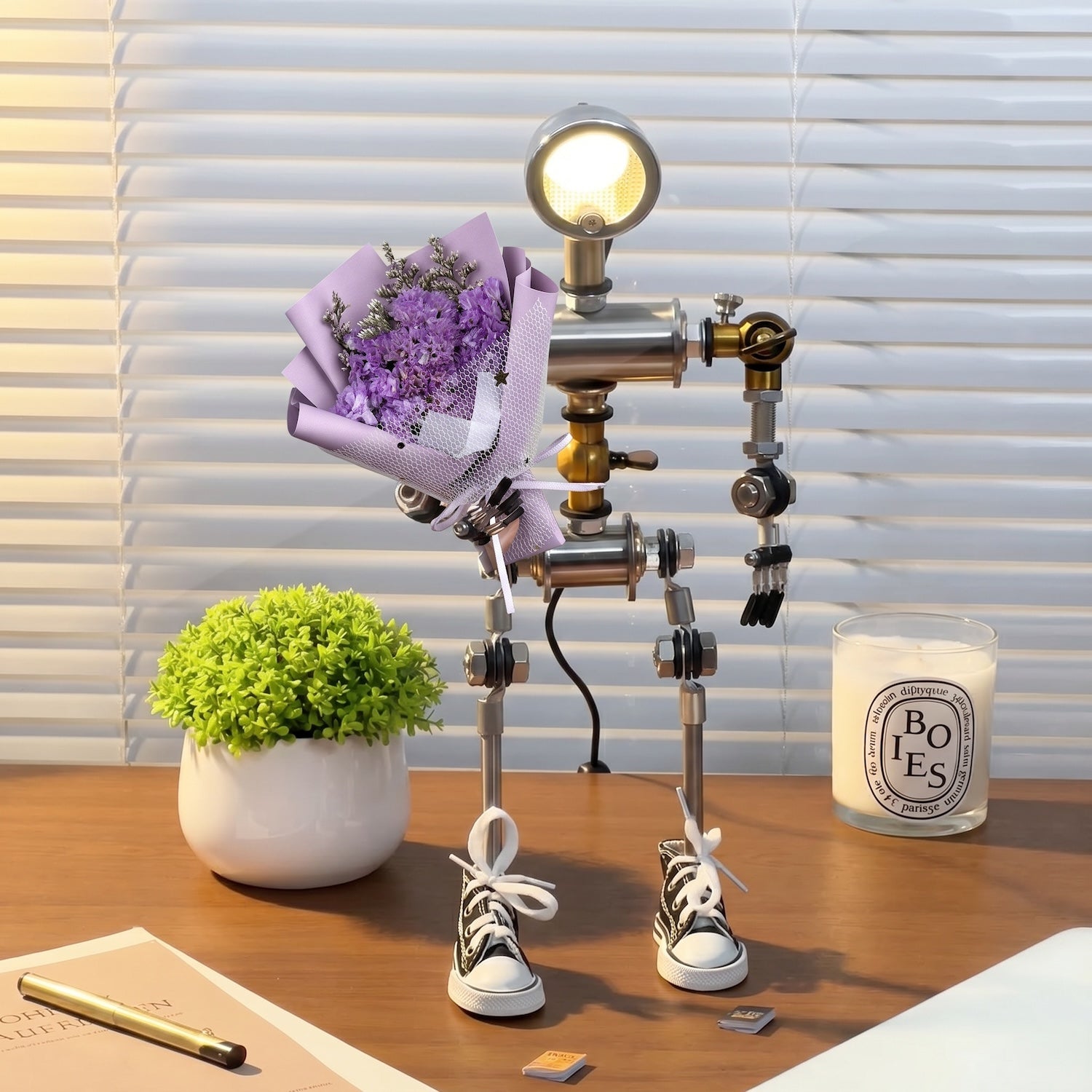 LiveCozee Robot Character Desk Lamp | Cyberpunk Table Light with Fun Industrial Design Single Item + Purple Bouquet